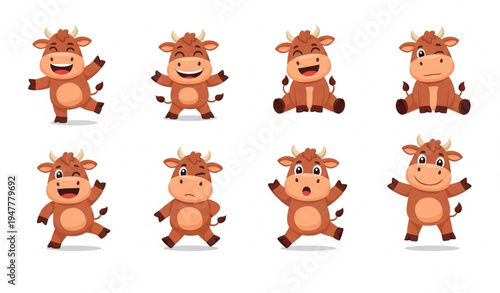 Cute brown cow character collection cartoon farm animal vector illustration