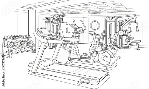 Interior line drawing of a modern gym with various exercise machines and weights