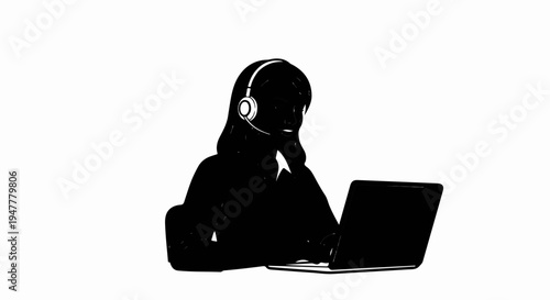 Woman wearing headset talking on laptop, isolated black silhouette