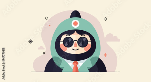 Minimalist illustration of a character in a hooded outfit and tie