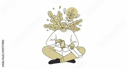 Illustration of a person opening a package with abstract nature elements emerging from it, symbolizing growth and discovery