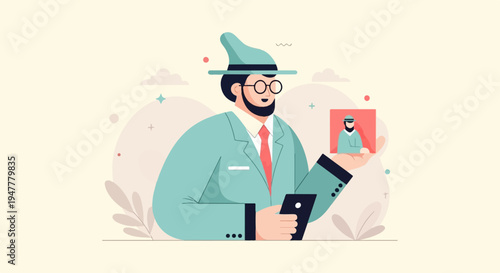 Man in turquoise suit and hat holds phone, displays portrait