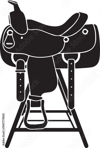 Western saddle vector silhouette on stand illustration for equestrian sports and cowboy themes