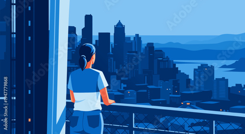 A person gazes out at a city skyline in this vector illustration, showcasing a moment of contemplation and urban beauty, eps