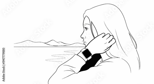 Woman wearing smartwatch, looking at distant mountains and water