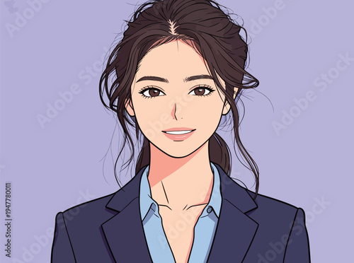 A young woman stands confidently in a blue suit with a purple background, smiling at the viewer during daylight.