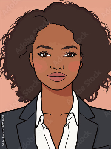 A woman stands facing the viewer in a suit. She has curly hair and a neutral expression. The background is a solid color.