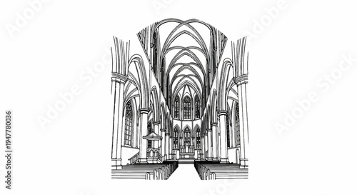 Interior view of a grand cathedral with ornate vaulted ceilings and pews