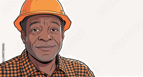 A worker smiles while wearing a hard hat and plaid shirt at a construction site during daytime, showing readiness for work.