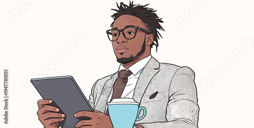 A young man in a suit sits at a table focused on a tablet. A cup of coffee is nearby as he engages with the device.