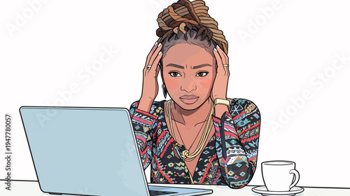 A woman sits at a table with a laptop. She looks stressed while rubbing her temples with her hands. A cup is next to her.