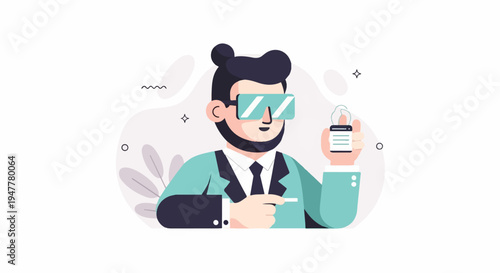 Man in virtual reality glasses holds a glowing padlock