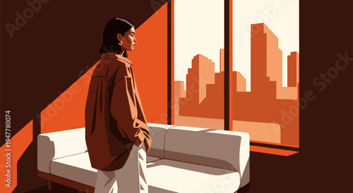 Vector illustration of a woman standing near a window, looking out at a city skyline, bathed in warm sunlight