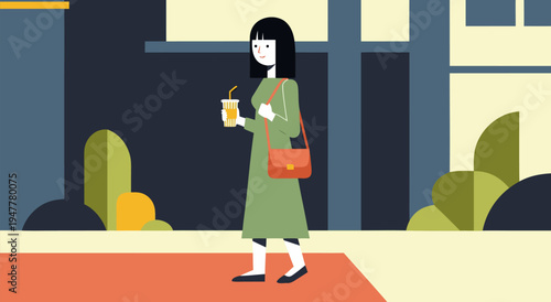 Minimalist vector illustration of a woman holding a drink and walking with a stylish bag