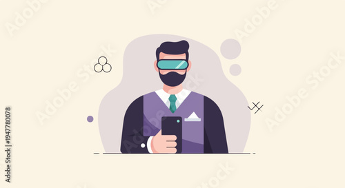 Man in virtual reality headset using smartphone in minimalist illustration