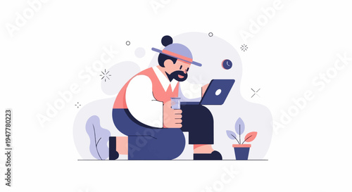 Man kneeling with laptop, holding drink, near potted plant and clock