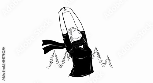 Woman with arms raised in a forest scene, wearing a scarf