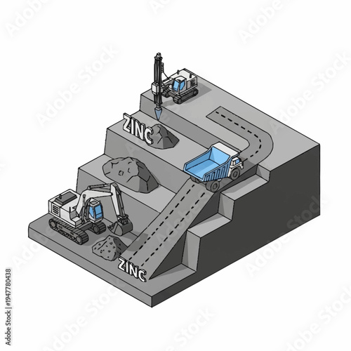 Isometric illustration of a zinc mine with heavy machinery and ore.