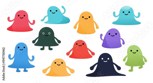 An adorable array of colorful, abstract goo-creatures with expressive faces, bringing a cheerful and imaginative touch to children's media, apps, and playful designs