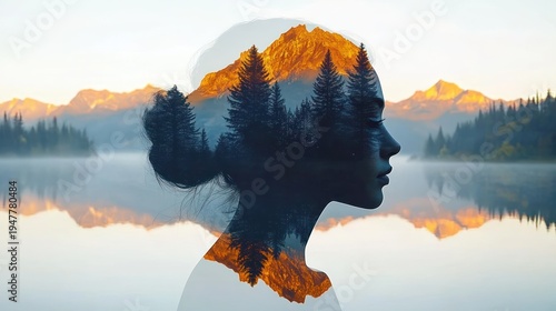 Serene double exposure silhouette of a woman filled with pine forest, golden mountains and mirrored lake at sunrise, evoking peaceful contemplation