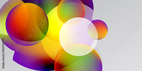 Abstract colorful circles overlap, creating vibrant gradients. Background is dark gray, offering strong contrast. Modern design element.