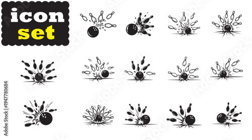 Bowling Ball Striking Pins With Explosion Effect Vector Illustration Set