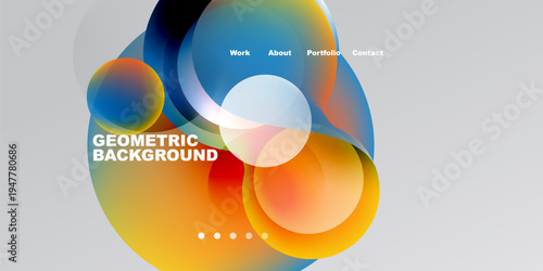 Abstract colorful shapes overlap, creating dynamic visual effect. Text elements present work, about, portfolio, contact details. Gradient background enhances design.