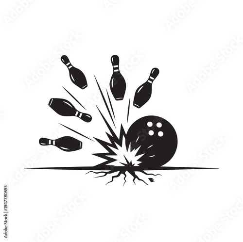 Bowling Ball Striking Pins With Explosion Effect Vector Illustration