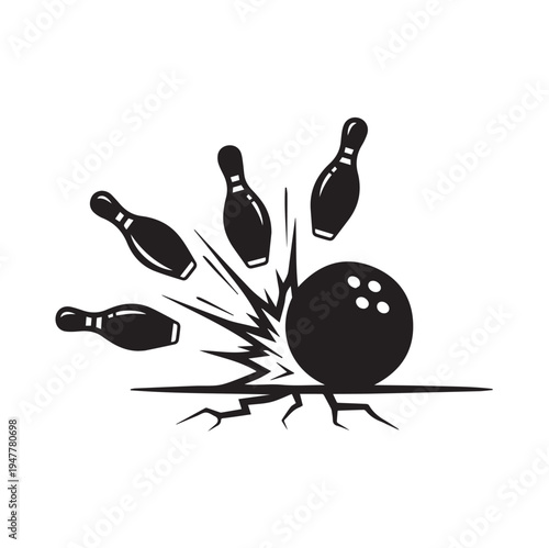 Bowling Ball Striking Pins With Explosion Effect Vector Illustration