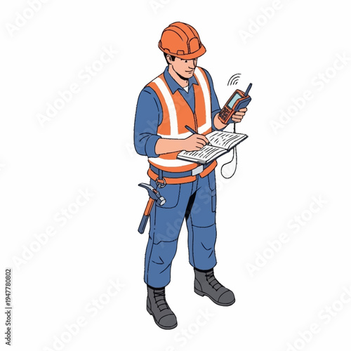 Illustration of a construction worker taking notes with a device.