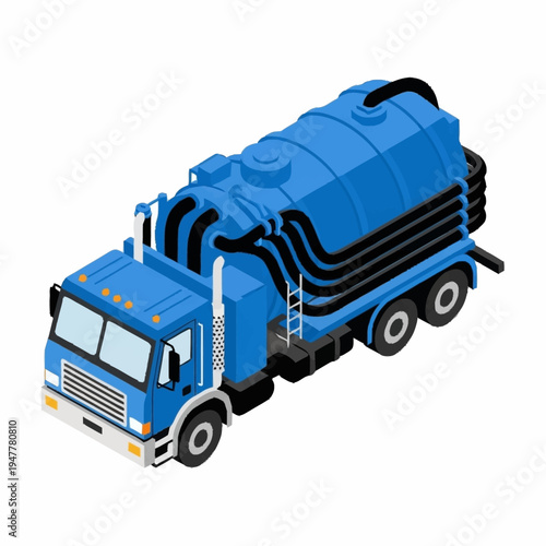 Isometric blue vacuum truck for cleaning sewers and septic tanks.