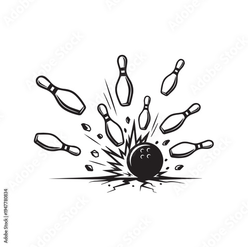 Bowling Ball Striking Pins With Explosion Effect Vector Illustration