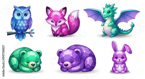 Collection of stylized, cartoonish forest animals and mythical creatures in vibrant colors