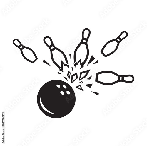 Bowling Ball Striking Pins With Explosion Effect Vector Illustration