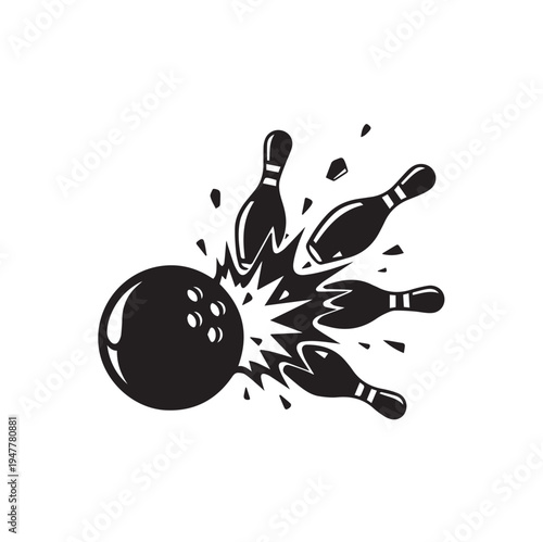 Bowling Ball Striking Pins With Explosion Effect Vector Illustration
