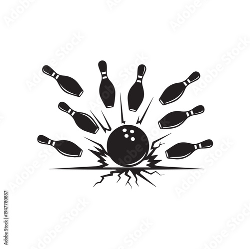 Bowling Ball Striking Pins With Explosion Effect Vector Illustration