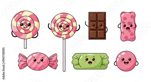 Collection of kawaii candies and sweets, including lollipops, chocolate bar, gummy bears, and wrapped candies, featuring cute faces and expressions