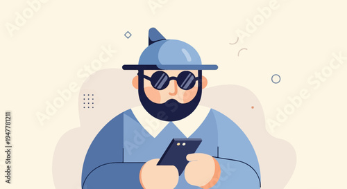Minimalist illustration of a man with a beard and hat holding a phone