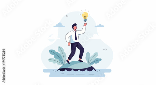 Man on island holding lit bulb symbolizing a new idea or breakthrough