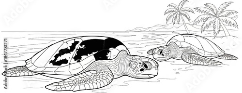 Two sea turtles on a sandy beach with palm trees and ocean waves