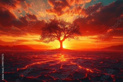 Solitary tree on cracked scorched ground with glowing lava fissures under a dramatic fiery sunset, a surreal scene of resilience and awe