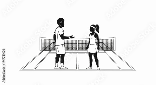 Two silhouettes of tennis players, a male and female, stand on a court