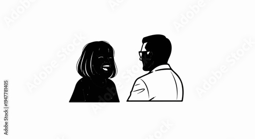 Two silhouetted figures, one with glasses, facing each other and laughing