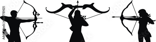 Archery archer silhouettes set with male and female bow hunters aiming arrows, traditional and compound bow shooting sport isolated on white background