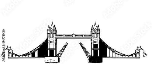 Intricate line drawing of a majestic bridge with open bascules and gothic towers
