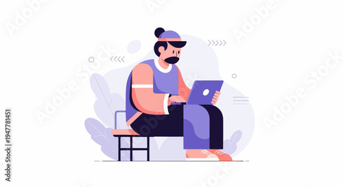 Man sits on a stool working on a laptop, with stylized plants in background