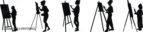 Artist painting on easel silhouette collection showing painters creating artwork on canvas isolated on white background concept of creativity art studio and painting