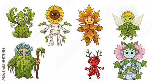 Cute and whimsical forest sprites and nature spirits, embodying the essence of plants and seasons