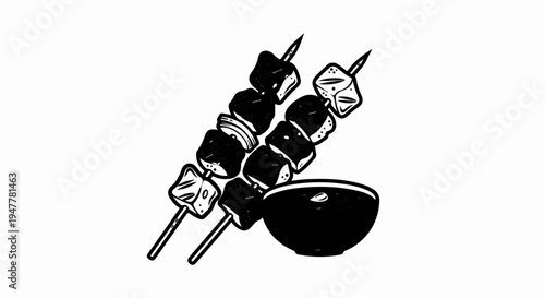 Two skewers of cubed meat and vegetables with a dipping sauce