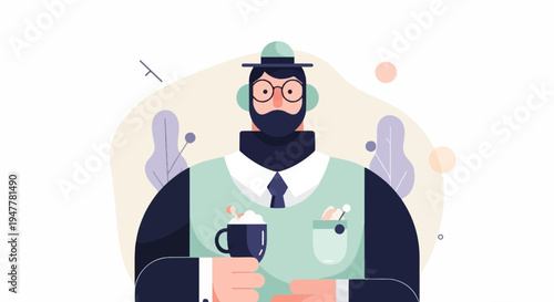 Minimalist illustration of a person holding a cup and wearing glasses and a hat